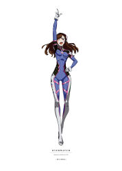 Rule 34 | 1girl, arm up, armor, bodysuit, boots, bracer, breasts, breasts apart, brown eyes, brown hair, copyright name, d.va (overwatch), emblem, facepaint, facial mark, gloves, hand on own hip, headphones, highres, index finger raised, jakuu, logo, long hair, long sleeves, matching hair/eyes, medium breasts, open mouth, overwatch, overwatch 1, pauldrons, pilot suit, pointing, pointing up, ribbed bodysuit, shoulder armor, shoulder pads, simple background, skin tight, smile, solo, standing, teeth, thigh boots, thigh strap, thighhighs, turtleneck, whisker markings, white background, white footwear, white gloves