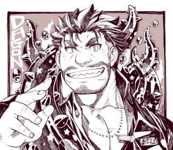 Rule 34 | 1boy, artist name, bara, beard, bombom, border, brown background, character name, commentary request, dagon (housamo), facial hair, fish boy, grin, hand up, jewelry, large pectorals, long sideburns, looking at viewer, male focus, mature male, monochrome, muscular, muscular male, mustache, necklace, outside border, pectorals, sharp teeth, sideburns, signature, smile, solo, stubble, teeth, tentacles, thick eyebrows, tokyo houkago summoners, upper body, white border