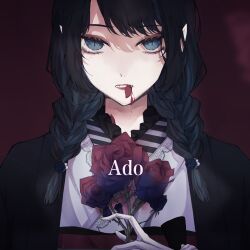 Rule 34 | 1girl, ado (utaite), black hair, black jacket, blood, blood from mouth, blue eyes, blue flower, blue rose, bouquet, braid, chando (ado), cloud nine inc, fangs, flower, frilled shirt collar, frills, gloves, hair over shoulder, highres, holding, holding bouquet, holding flower, jacket, long hair, looking at viewer, low twin braids, mole, mole under eye, orihara (ewkkyorhr), petal in mouth, red background, red flower, red rose, rose, slit pupils, solo, straight-on, twin braids, upper body, white gloves