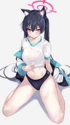 Rule 34 | 1girl, animal ear fluff, animal ears, blue archive, bra visible through clothes, breasts, buruma, cat ears, from above, hair between eyes, halo, highres, jacket, jacket partially removed, long hair, looking at viewer, medium breasts, mexif, midriff, navel, open clothes, open jacket, open mouth, purple eyes, see-through, seiza, serika (blue archive), shirt, short sleeves, simple background, sitting, solo, tsurime, twintails, very long hair, white shirt
