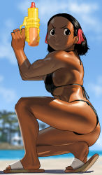 Rule 34 | 1girl, arung samudra (cessa), ass, beach, biceps, bikini, black bikini, black hair, blurry, blurry background, breasts, cessa, closed mouth, cowboy shot, dark-skinned female, dark skin, from side, hairband, large breasts, looking at viewer, muscular, muscular female, ombok diving and delivery services, profile, short hair, sideboob, solo, squatting, swimsuit, water gun
