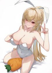Rule 34 | 1girl, absurdres, adjusting clothes, adjusting leotard, animal ears, bare arms, bare legs, bare shoulders, blonde hair, breasts, carrot, cleavage, collarbone, covered navel, fake animal ears, from above, grin, hair between eyes, hair intakes, highres, large breasts, leotard, long hair, looking at viewer, multicolored hair, original, plaster (2501), playboy bunny, ponytail, rabbit ears, red eyes, red nails, simple background, sitting, smile, solo, streaked hair, very long hair, w, white background, white leotard