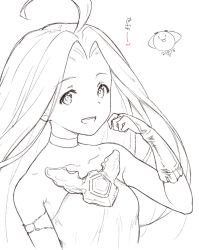 Rule 34 | 1girl, :d, ahoge, armlet, bridal gauntlets, choker, collarbone, dress, floating hair, gem, granblue fantasy, greyscale, kiikii (kitsukedokoro), long hair, looking at viewer, lyria (granblue fantasy), monochrome, open mouth, portrait, simple background, smile, solo focus, straight hair, upper body, vyrn (granblue fantasy), white background