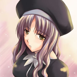 Rule 34 | 00s, 1girl, black hat, caren hortensia, fate/hollow ataraxia, fate/stay night, fate (series), hat, ishigaki takashi, long hair, pink background, silver hair, snowing, solo, yellow eyes