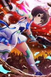 Rule 34 | 1girl, absurdres, alternative girls, animal ears, brown hair, closed mouth, dog ears, dog tail, dress, fighting stance, full moon, gloves, highres, holding, holding weapon, looking at viewer, looking back, moon, official art, red moon, red sky, short hair, sky, solo, tachibana naomi, tail, weapon, white dress, white gloves, white legwear, yellow eyes