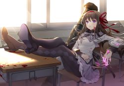 Rule 34 | 1girl, akemi homura, black footwear, black hair, black pantyhose, blood, blood on face, breasts, chair, commentary request, crossed legs, day, desk, frilled skirt, frills, glowing, hair ribbon, hairband, high heels, indoors, long hair, long sleeves, magical girl, mahou shoujo madoka magica, mahou shoujo madoka magica (anime), nemovo, on chair, pantyhose, pleated skirt, purple eyes, purple ribbon, purple skirt, red hairband, red ribbon, ribbon, rocket launcher, school chair, school desk, shield, shirt, shoe soles, shoes, sitting, skirt, small breasts, solo, sunlight, very long hair, weapon, white shirt, window