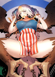 Rule 34 | 1girl, absurdres, american flag, bird legs, breasts, claws, covered navel, feathered wings, feathers, gesture, harpy, highres, large breasts, leaf, lying, monster girl, mouth hold, olive, on back, original, personification, purple eyes, shizuoxing kof, smile, solo, spread legs, tail, talons, united states, v, white hair, wings