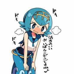 Rule 34 | 1girl, blue eyes, blue hair, blush, creatures (company), game freak, hands on own knees, lana (pokemon), lowres, nintendo, pokemon, pokemon sm, school swimsuit, solo, sweat, swimsuit, swimsuit under clothes, tagme, translation request, white background