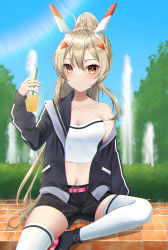 Rule 34 | 1girl, absurdres, alternate costume, ayanami (azur lane), azur lane, belt, black footwear, black jacket, black shorts, blue sky, blurry, breasts, bush, casual, cleavage, collarbone, commentary request, contemporary, cup, depth of field, disposable cup, drink, drinking straw, fountain, hair between eyes, hair ornament, hairclip, headgear, highres, holding, holding cup, holding drink, hood, hooded jacket, jacket, juice, konparu uran, long hair, long sleeves, looking at viewer, midriff, navel, orange eyes, orange juice, park, pocket, ponytail, retrofit (azur lane), shorts, sidelocks, silver hair, sitting, sky, solo, sunlight, thighhighs, water, white thighhighs, zettai ryouiki