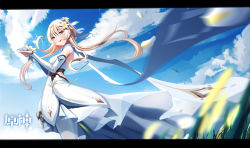 Rule 34 | 1girl, blonde hair, blue sky, blurry, blurry foreground, blush, copyright request, detached sleeves, dress, dutch angle, flower, genshin impact, hair flower, hair ornament, highres, lazy guang guang, letterboxed, looking at viewer, lumine (genshin impact), outdoors, short hair with long locks, sky, solo, strapless, strapless dress, white dress, white legwear, wind, yellow eyes