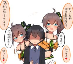 Rule 34 | 1boy, 1girl, 1koma, afterimage, ahoge, black ribbon, blush, brown hair, closed mouth, collarbone, comic, commentary request, crop top, faceless, faceless male, green eyes, hair ribbon, highres, hololive, looking at another, medium hair, natsuiro matsuri, natsuiro matsuri (1st costume), navel, open mouth, pleated skirt, ribbon, seigan subaru, side ponytail, skirt, smile, speech bubble, stomach, sweatdrop, translation request, virtual youtuber, white skirt