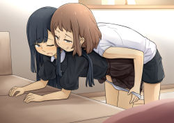 Rule 34 | 2girls, :p, bent over, black eyes, black hair, black shirt, black skirt, brown eyes, brown hair, brown skirt, couch, face-to-face, fingering, hand under clothes, hand under skirt, komaniwa pumpkin, long hair, miniskirt, moaning, multiple girls, naughty face, open mouth, original, panties, panty pull, pulling another&#039;s clothes, shirt, short hair, short sleeves, skirt, smile, tongue, tongue out, underwear, white panties, white shirt, yuri