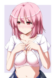Rule 34 | 1girl, alternate costume, blush, bra, breasts, clothes lift, collarbone, commentary request, contemporary, highres, large breasts, lifting own clothes, looking away, midriff, navel, nori tamago, pink bra, pink eyes, pink hair, saigyouji yuyuko, shirt, shirt lift, skirt, solo, stomach, touhou, underwear, upper body