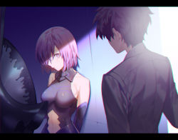 Rule 34 | 1boy, 1girl, armor, armored dress, bare shoulders, black dress, black hair, breasts, dress, fate/grand order, fate (series), from behind, fujimaru ritsuka (male), hair over one eye, letterboxed, light purple hair, looking at another, mash kyrielight, medium breasts, navel, purple eyes, purple hair, shield, short hair, upper body, yamakawa
