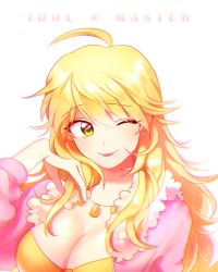 Rule 34 | 1girl, ahoge, bad id, bad pixiv id, blonde hair, breasts, chromatic aberration, cleavage, copyright name, cropped jacket, green eyes, hoshii miki, idolmaster, idolmaster (classic), jewelry, long hair, necklace, one eye closed, pink diamond 765, smile, solo, upper body, vivinos, white background