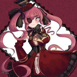 Rule 34 | 1girl, arrow through heart, artist name, black bow, black gloves, blush, bow, breasts, cleavage, dress, eyepatch, flower, frills, gloves, gothic lolita, hand on own hip, hat, hat flower, henemimi, highres, hololive, houshou marine, houshou marine (gothic lolita), large breasts, lolita fashion, long hair, looking at viewer, mini hat, mini top hat, mixed-language commentary, pink hair, red dress, red eyes, red hair, ribbon, rose, see-through, see-through cleavage, smile, solo, top hat, twintails, twitter username, very long hair, virtual youtuber