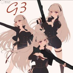 Rule 34 | 1girl, absurdres, artist name, battle rifle, black dress, blonde hair, blush, breasts, character name, cleavage, clothing cutout, commentary request, cross, dress, g3 (girls&#039; frontline), girls&#039; frontline, gun, h&amp;k g3, hair between eyes, hair ornament, highres, holding, jewelry, long hair, medium breasts, muike, multiple views, pouch, purple eyes, ribbon, rifle, side cutout, very long hair, weapon