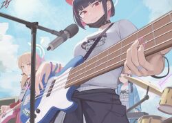 Rule 34 | 3girls, airi (band) (blue archive), airi (blue archive), animal ears, black hair, black mask, blonde hair, blue archive, blue sky, cat ears, cat girl, closed mouth, clothes writing, cloud, colored inner hair, commentary, day, electric guitar, guitar, halo, highres, holding, holding instrument, instrument, kazusa (band) (blue archive), kazusa (blue archive), kkujim, mask, mask pull, microphone, mouth mask, multicolored hair, multiple girls, official alternate costume, outdoors, red eyes, short hair, signature, sky, two-tone hair, yellow halo, yoshimi (band) (blue archive), yoshimi (blue archive)
