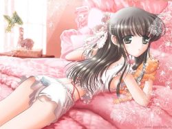 Rule 34 | black hair, brown eyes, hair ribbon, honda tooru, lace, long hair, lying, mouse (animal), ribbon, thighhighs