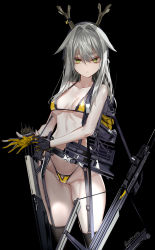 Rule 34 | 1girl, absurdres, antlers, arknights, arrow (projectile), backpack, bag, bare arms, bare shoulders, bikini, black background, black thighhighs, bow (weapon), breasts, closed mouth, collarbone, compound bow, cowboy shot, expressionless, firewatch (arknights), firewatch (wilted cypress) (arknights), garter belt, garter straps, gloves, green eyes, groin, hair flaps, hair intakes, highleg, highleg bikini, highres, horns, long hair, looking at viewer, mole, mole under eye, navel, official alternate costume, partially fingerless gloves, pottsness, quiver, reindeer antlers, reindeer girl, silver hair, simple background, skindentation, small breasts, solo, standing, stomach, string bikini, swimsuit, thighhighs, thighs, weapon, yellow bikini
