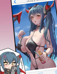 Rule 34 | 1girl, azur lane, bare arms, bare shoulders, black one-piece swimsuit, blue hair, blush, bracelet, breasts, cellphone, drink, highres, holding, holding phone, horns, jewelry, large breasts, long hair, looking at viewer, navel, official alternate costume, one-piece swimsuit, open mouth, phone, pointy ears, regensburg (azur lane), regensburg (dark dragon brilliant beach) (azur lane), satou aji, slingshot swimsuit, smartphone, swimsuit, tail, translation request, twintails, yellow eyes