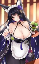 Rule 34 | 1girl, absurdres, animal ears, apron, azur lane, black dress, black hair, breasts, colored inner hair, dessert, dress, facial mark, floral print, flower, food, hair flower, hair ornament, highres, holding, holding spoon, holding tray, incoming food, japanese clothes, large breasts, long hair, looking at viewer, maid apron, maid headdress, matcha (food), mochi, multicolored hair, musashi (azur lane), musashi (violet moonglow) (azur lane), nail polish, parted lips, purple flower, purple hair, purple nails, solo, spoon, tassel, tray, very long hair, wafer stick, wide sleeves, yamaha tsui, yellow eyes