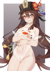 Rule 34 | 1girl, absurdres, black hat, black nails, breasts, brown hair, cleft of venus, collarbone, commentary request, completely nude, cowboy shot, flower, flower-shaped pupils, genshin impact, ghost, grin, hair between eyes, hat, hat flower, heiyu, highres, hu tao (genshin impact), jewelry, long hair, looking at viewer, medium breasts, multiple rings, nail polish, nipples, nude, pussy, red eyes, red flower, ring, smile, solo, standing, symbol-shaped pupils, twintails, very long hair