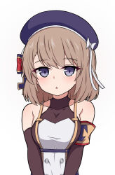 Rule 34 | 1girl, absurdres, armband, azur lane, beret, blue hat, blush, bow, breasts, brown hair, brown sleeves, collarbone, commentary request, covered collarbone, cross, detached sleeves, hair bow, hat, hat bow, highres, iron cross, looking at viewer, medium breasts, parted lips, purple eyes, rock zinc, simple background, solo, striped bow, upper body, white background, white bow, z23 (azur lane)