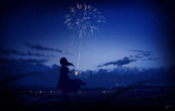Rule 34 | 1girl, absurdres, blue sky, blurry, blurry foreground, city lights, cloud, cloudy sky, dress, fireworks, floating clothes, floating hair, forced perspective, highres, holding, holding fireworks, landscape, mountainous horizon, night, night sky, original, outdoors, scenery, signature, silhouette, sky, skyrick9413, solo, sparkler, star (sky), wide shot