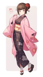 Rule 34 | 1girl, black kimono, blunt bangs, brown hair, closed mouth, commission, english text, floral print, full body, hair bun, haori, highres, japanese clothes, kimono, long sleeves, looking at viewer, obi, obiage, obijime, okobo, original, red eyes, sandals, sash, second-party source, short hair, smile, solo, standing, tabi, toma (norishio)