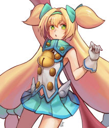 Rule 34 | 1girl, arc system works, arm up, bad id, bad pixiv id, bell, blazblue, blonde hair, gloves, green eyes, hairband, long hair, looking at viewer, magical girl, mimme (haenakk7), muchourin, platinum the trinity, quad tails, ribbon, solo, twintails