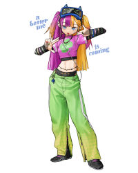 Rule 34 | 1girl, black footwear, blue eyes, ear piercing, earrings, english text, gradient pants, green nails, green pants, hands up, highres, jewelry, looking at viewer, midriff, multicolored hair, nail polish, navel, necklace, open mouth, orange hair, original, pants, piercing, print shirt, purple hair, purple shirt, rinotuna, shirt, shoes, simple background, solo, two-tone hair, white background