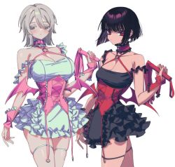 Rule 34 | 2girls, alternate costume, angellyuna, bare shoulders, black dress, black hair, blue eyes, breasts, choker, cleavage, closed mouth, demon wings, dress, fake wings, faust (project moon), frilled dress, frills, highres, holding, holding whip, large breasts, limbus company, long sleeves, looking at viewer, multiple girls, pink choker, pink corset, pink wings, project moon, red choker, red eyes, red wings, ryoshu (project moon), short hair, sleeveless, sleeveless dress, strap slip, white dress, white hair, wings