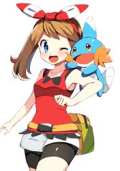 Rule 34 | 1girl, ;d, bad id, bad pixiv id, bike shorts, black shorts, blue eyes, blush, bow, breasts, brown hair, collarbone, cowboy shot, creatures (company), game freak, gen 3 pokemon, hair bow, hairband, highres, long hair, looking to the side, may (pokemon), medium breasts, mudkip, nintendo, on shoulder, one eye closed, open mouth, pokemon, pokemon (creature), pokemon on shoulder, pokemon oras, red hairband, red shirt, shiny clothes, shirt, short shorts, shorts, shorts under shorts, simple background, sleeveless, sleeveless shirt, smile, standing, striped, striped bow, white background, white shorts, yuihico