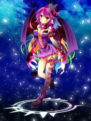 Rule 34 | 1girl, bare shoulders, blush, boots, bow, breasts, cleavage, closed mouth, commentary request, cosplay, demon tail, demon wings, dress, gloves, gradient eyes, gradient hair, hat, hat bow, high heels, highres, jibril (no game no life), large breasts, long hair, looking at viewer, magic circle, microdress, mimi0846, multicolored eyes, multicolored hair, navel, no game no life, orange eyes, pink hair, plum (no game no life), plum (no game no life) (cosplay), scarf, shoes, single thighhigh, smile, solo, standing, standing on one leg, tail, tattoo, thighhighs, very long hair, wing ears, wings, yellow eyes