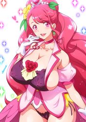 Rule 34 | 1girl, aged up, artist name, bare shoulders, breasts, choker, cleavage, collarbone, covered erect nipples, cowboy shot, cure grace, earrings, eyelashes, flower, gloves, hair flower, hair ornament, hanadera nodoka, hand up, healin&#039; good precure, heart, jewelry, joy ride, lipstick, long hair, looking at viewer, makeup, no bra, no pants, open mouth, panties, pink eyes, pink hair, precure, purple panties, shiny skin, skindentation, smile, solo, sparkle, teeth, underwear, upper teeth only, very long hair, white background, white gloves, wide hips, yellow flower