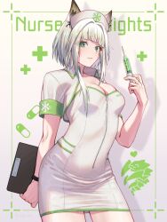Rule 34 | 1girl, alternate costume, animal ears, arknights, blunt bangs, breasts, cat ears, cleavage, clipboard, commentary request, cowboy shot, dress, drop shadow, green eyes, hand up, hat, highres, holding, holding clipboard, holding syringe, kal&#039;tsit (arknights), large breasts, nurse, nurse cap, pencil dress, short sleeves, solo, standing, syringe, tanagawa makoto, white dress, white hair