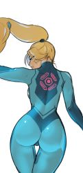 1girl, ass, blonde hair, blue bodysuit, bodysuit, butt crack, curvy, from behind, gluteal fold, hair tie, hand in hair, high ponytail, highres, hip focus, kenjanoishi, lips, long hair, looking back, metroid, metroid samus returns, mole, mole under mouth, nintendo, nose, parted lips, pink lips, ponytail, samus aran, simple background, thigh gap, white background, zero suit