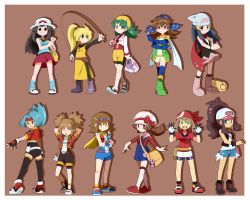 Rule 34 | 00s, 10s, 1990s (style), 6+girls, :p, ^ ^, backpack, bag, bandana, bare legs, boots, brown background, closed eyes, creatures (company), dawn (pokemon), dual persona, fingerless gloves, full body, game freak, gloves, goggles, goggles on head, green (pokemon), hat, highres, hilda (pokemon), hitomi (pokemon ranger), kate (pokemon), kris (pokemon), lyra (pokemon), may (pokemon), mint (pokemon), multiple girls, nintendo, pink footwear, pokemon, pokemon adventures, pokemon bw, pokemon dppt, pokemon frlg, pokemon gsc, pokemon hgss, pokemon ranger, pokemon ranger 1, pokemon ranger 2, pokemon ranger 3, pokemon rse, pokemon tcg, pokemon tcg gb, ponytail, porkpie hat, retro artstyle, simple background, skirt, solana (pokemon), summer (pokemon), thighhighs, tongue, tongue out, twintails, yellow (pokemon), yucopi