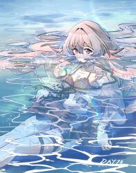 Rule 34 | 1girl, absurdres, arknights, bikini, black bikini, blue eyes, breasts, cleavage, feet out of frame, frilled bikini, frills, gaoling gangqin, grey hair, hair between eyes, hair spread out, highres, long hair, looking at viewer, medium breasts, mulberry (arknights), partially submerged, solo, swimsuit, thigh strap
