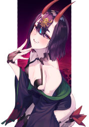 Rule 34 | 1girl, bare shoulders, blush, bob cut, breasts, bridal gauntlets, collarbone, eyeliner, fate/grand order, fate (series), headpiece, highres, horns, japanese clothes, kimono, long sleeves, looking at viewer, makeup, off shoulder, oni, open mouth, purple eyes, purple hair, purple kimono, revealing clothes, seiza, short hair, shuten douji (fate), sitting, skin-covered horns, small breasts, smile, solo, soupchan, wide sleeves