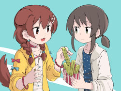 Rule 34 | 2girls, animal ears, black hair, blue background, blue dress, bone hair ornament, braid, brown eyes, brown hair, cartoon bone, commentary, crossover, dog ears, dog girl, dog tail, drawstring, dress, english commentary, flat chest, food, french fries, fubuki (kancolle), green eyes, grey jacket, hair between eyes, hair ornament, hololive, hood, hooded jacket, hoodie, inugami korone, inugami korone (1st costume), jacket, kantai collection, long hair, low ponytail, low twin braids, multiple girls, official alternate costume, polka dot, polka dot dress, ponytail, short ponytail, sidelocks, sixten, tail, twin braids, two-tone background, upper body, virtual youtuber, yellow jacket