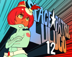 Rule 34 | 10s, 1girl, :i, bodysuit, crossed arms, hair ornament, helmet, hori takafumi, luluco, one side up, pout, side ponytail, solo, star (symbol), star hair ornament, uchuu patrol luluco