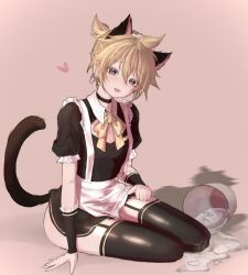 Rule 34 | 1boy, animal ears, apron, azulasi, black choker, black dress, black thighhighs, blush, bucket, cat ears, cat tail, choker, clothing cutout, collared dress, crossdressing, dress, frilled sleeves, frills, heart, heart-shaped pupils, highres, kagamine len, looking at viewer, maid, male focus, open mouth, puffy short sleeves, puffy sleeves, red background, ribbon, short hair, short ponytail, short sleeves, simple background, sitting, solo, suggestive fluid, symbol-shaped pupils, tail, thighhighs, tongue, trap, vocaloid, white apron, yellow ribbon