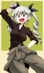 Rule 34 | 1girl, anchovy (girls und panzer), aono3, black shirt, clothes around waist, drill hair, fang, girls und panzer, green background, green hair, hair ribbon, hand on own hip, hand up, long hair, open mouth, red eyes, ribbon, shirt, simple background, sleeves rolled up, smile, solo, sweater, sweater around waist, teeth, tongue, twin drills, twintails