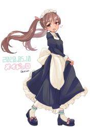 Rule 34 | 1girl, alakoala, alternate costume, apron, black dress, black footwear, brown eyes, brown hair, dark-skinned female, dark skin, dated, dress, enmaided, fang, frilled apron, frills, highres, kantai collection, libeccio (kancolle), long hair, looking at viewer, maid, maid day, maid headdress, open mouth, simple background, skirt hold, smile, solo, tan, twintails, waist apron, white apron, white background