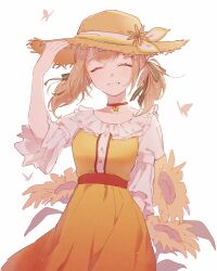 Rule 34 | 1girl, azusawa kohane, blonde hair, bow, choker, cowboy shot, dress, facing viewer, flower, green bow, h!sa, hair bow, hand up, hat, hat bow, highres, parted lips, project sekai, red choker, simple background, smile, solo, straw hat, sunflower, the vivid old tale (project sekai), twintails, white background, white sleeves, yellow dress, yellow hat