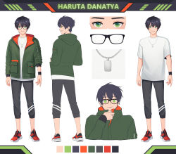 Rule 34 | 1boy, absurdres, aoi id, blue hair, character sheet, full body, glasses, green eyes, green hoodie, haruta danantya, highres, hood, hoodie, jewelry, male focus, necklace, official art, shirt, solo, virtual youtuber, white shirt