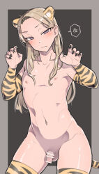 Rule 34 | 1boy, absurdres, anger vein, animal ears, animal print, bar censor, black nails, blonde hair, blush, border, censored, closed mouth, collarbone, cowboy shot, crossdressing, deagle (deagleiii), detached sleeves, earrings, eyelashes, flat chest, forehead, grey background, grey border, hands up, highres, implied object insertion, jewelry, long hair, looking at viewer, male focus, mole, mole under eye, nail polish, navel, nipples, nude, open mouth, original, paw pose, penis, print thighhighs, purple eyes, small penis, solo, spoken anger vein, tail, testicles, thighhighs, tiger ears, tiger print, tiger tail, trap, wavy mouth
