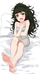 Rule 34 | 1girl, absurdres, barefoot, bed, blush, feet, foot focus, green eyes, green hair, highres, hiyajou maho, kahlua (artist), long hair, looking at viewer, messy hair, open mouth, soles, solo, steins;gate, steins;gate 0, toes, towel
